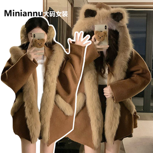 洋气百搭高级感保暖外套潮 可爱猫耳朵加厚棉服女冬季 胖mm大码 女装