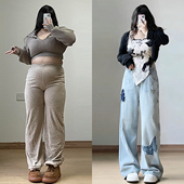 女装 胖mm梨型身材显瘦毛边阔腿裤 美式 女春季 子 蝴蝶贴布牛仔裤 大码