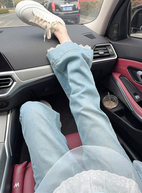 大码胖mm美式复古蕾丝拼接牛仔裤女新款高腰弹力裤子设计感九分裤