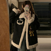 时尚 大码 胖mm黑色拼接设计羊羔毛牛仔外套女冬季 休闲加厚保暖棉服