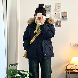 棉衣女藏青色工装 胖mm韩系冬季 复古派克服学生加厚外套 女装 特大码