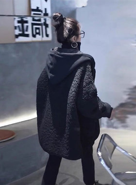 胖mm大码女装黑色羊羔毛棉衣女冬季高级感韩版黑色保暖棉服外套潮