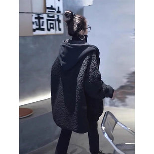 高级感韩版 黑色羊羔毛棉衣女冬季 黑色保暖棉服外套潮 女装 胖mm大码