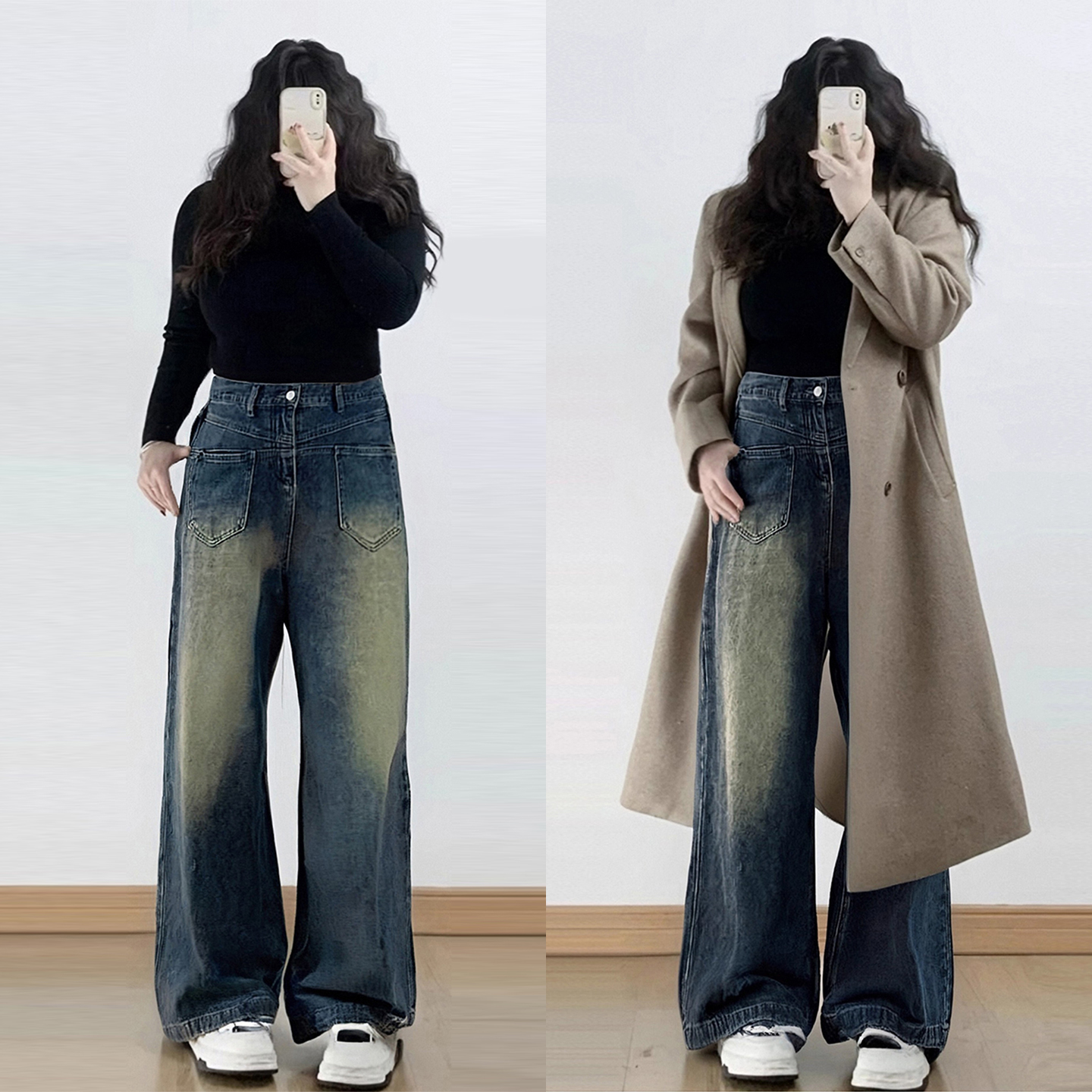 特大码女装复古百搭高腰直筒裤女