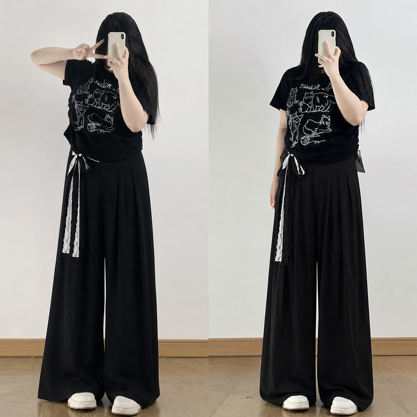 300斤大码胖mm黑色休闲阔腿西装裤女蕾丝绑带高腰显瘦垂感长裤子