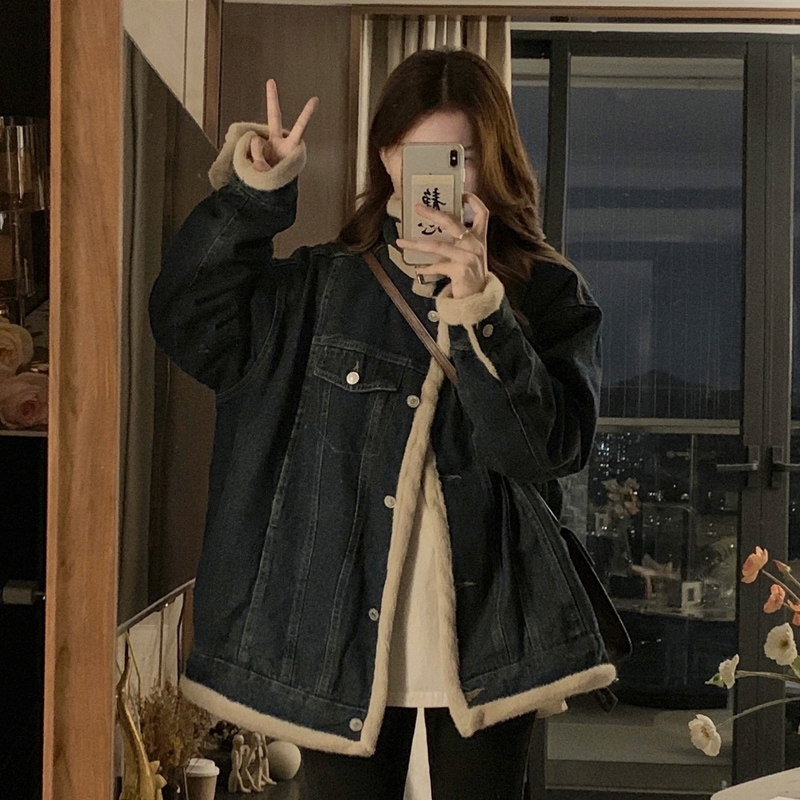 特大码港风流行怀旧保暖牛仔外套