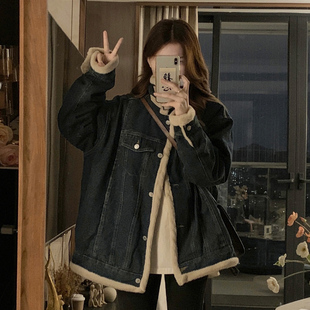 翻领加绒牛仔外套女新款 胖mm韩版 复古机车夹克棉服 女装 300斤大码