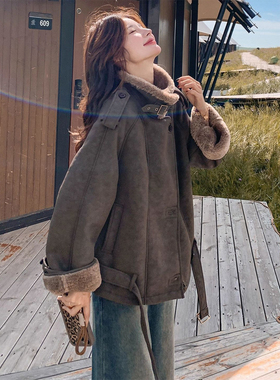 胖mm大码女装咖色加绒加厚棉服外套女冬季皮毛一体设计感立领棉衣