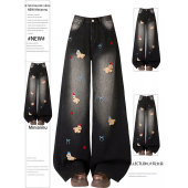 学院风小狗刺绣设计感直筒裤 胖mm大码 女春季 黑色阔腿牛仔裤 子 女装