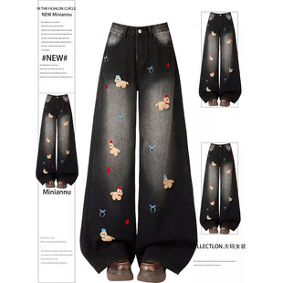 学院风小狗刺绣设计感直筒裤 胖mm大码 女春季 黑色阔腿牛仔裤 子 女装