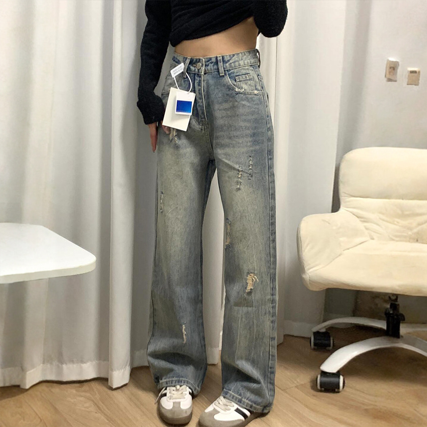 特大码女装胖mm破洞设计感牛仔裤女复古做旧宽松垂坠感直筒长裤子,女装/女士精品,大码裤装,淘宝优惠券,粉丝福利购,淘宝优惠卷