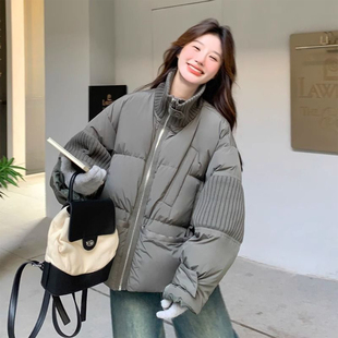 特大码胖mm韩版针织拼接立领棉服上衣女冬季宽松加厚保暖开衫外套