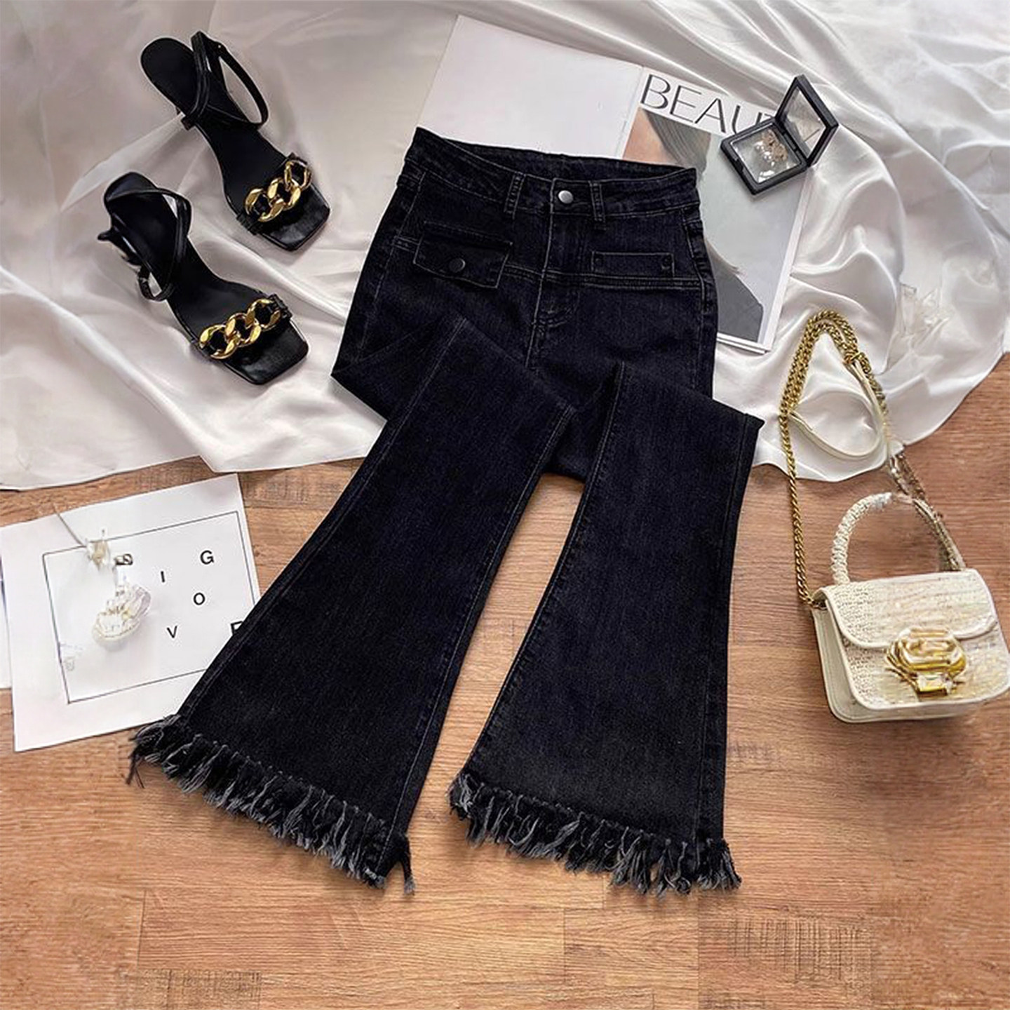 胖mm特大码黑色高腰弹力微喇牛仔裤女美式穿搭辣妹风毛边马蹄裤子,女装/女士精品,大码裤装,淘宝优惠券,粉丝福利购,淘宝优惠卷