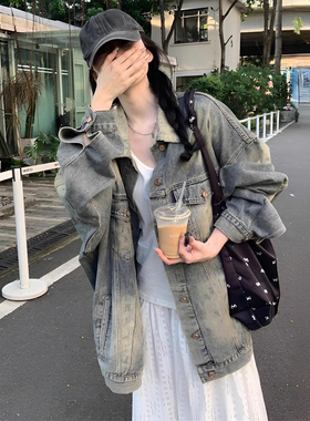 特大码美式复古设计感小众百搭牛仔外套女胖mm蓝色慵懒风夹克上衣