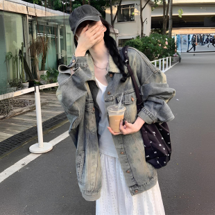 特大码 复古设计感小众百搭牛仔外套女胖mm蓝色慵懒风夹克上衣 美式