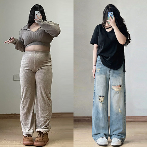 胖mm特大码女装美式复古直筒裤女