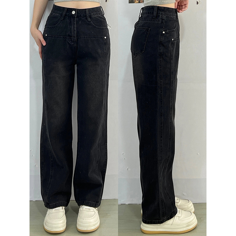 大码女装复古高腰黑色阔腿牛仔裤