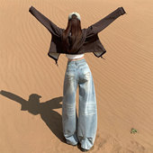 辣妹风减龄百搭直筒裤 特大码 女2026新款 高街蓝色牛仔裤 子 胖mm美式