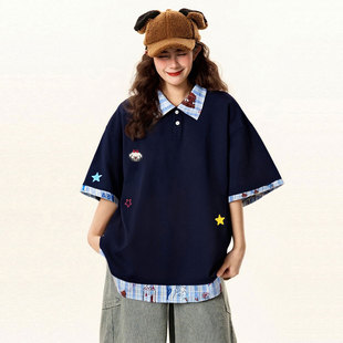 上衣女韩系穿搭假两件设计短袖 胖mm大码 纹POLO衫 甜酷风格 T恤 女装