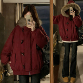 美式 300斤特大码 女装 宽松棉服女胖mm牛角扣设计保暖加厚连帽外套