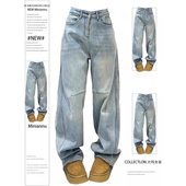 子复古显瘦直筒裤 特大码 女胖mm浅蓝色裤 韩系设计感弯刀牛仔裤 女装