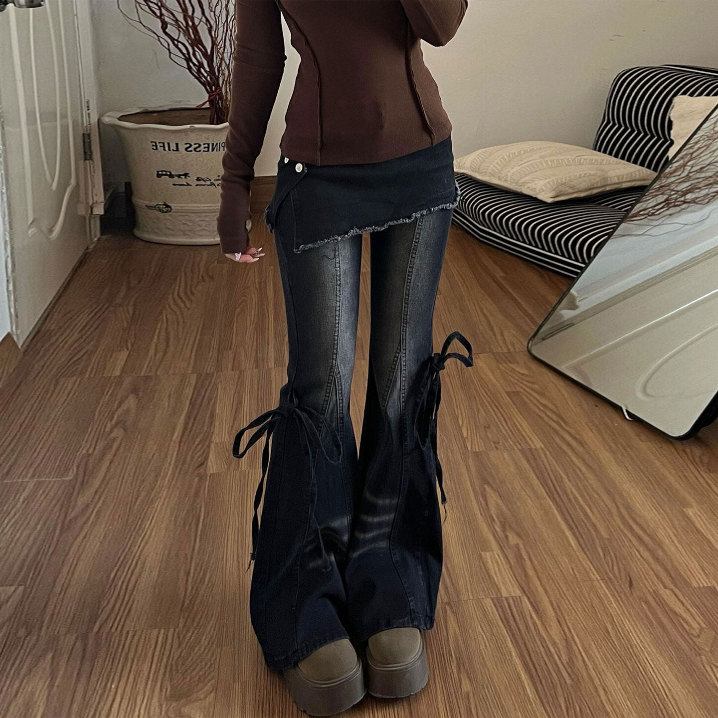 特大码胖mm黑色假两件牛仔裤女2026新款弹力修身显瘦辣妹微喇裤子,女装/女士精品,大码裤装,淘宝优惠券,粉丝福利购,淘宝优惠卷