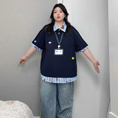 胖mm大码 学院风小狗刺绣POLO领短袖 t恤女格子拼接设计假两件上衣