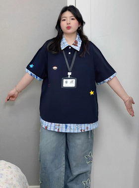 胖mm大码学院风小狗刺绣POLO领短袖t恤女格子拼接设计假两件上衣