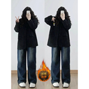 女装 梨形加厚裤 2025秋冬加绒牛仔裤 复古阔腿女裤 子 女美式 胖mm大码