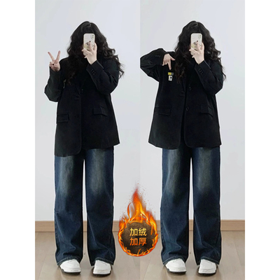 特大码加绒加厚保暖阔腿牛仔裤女