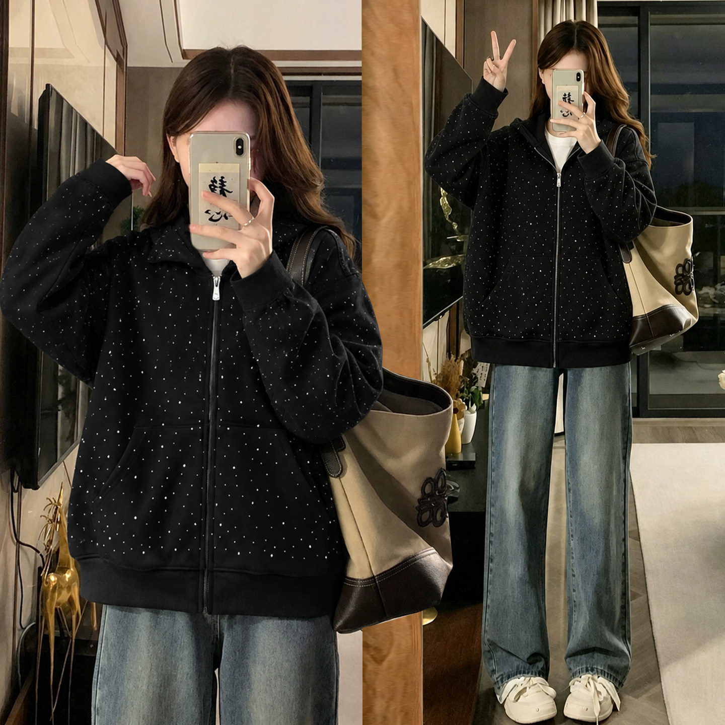 大码女装设计感烫钻黑色卫衣外套女秋冬胖mm休闲宽松遮肉百搭上衣