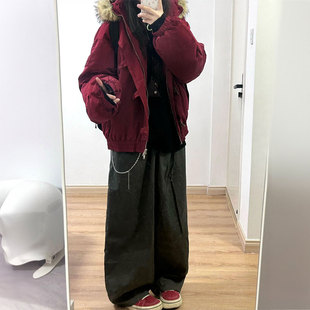 特大码 宽松显瘦慵懒风外套 胖mm红色设计感加厚保暖派克棉服女冬季