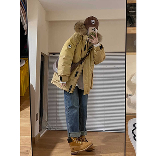 复古派克服女秋冬大毛领外套卡其色加厚保暖棉服 美式 胖mm大码 女装