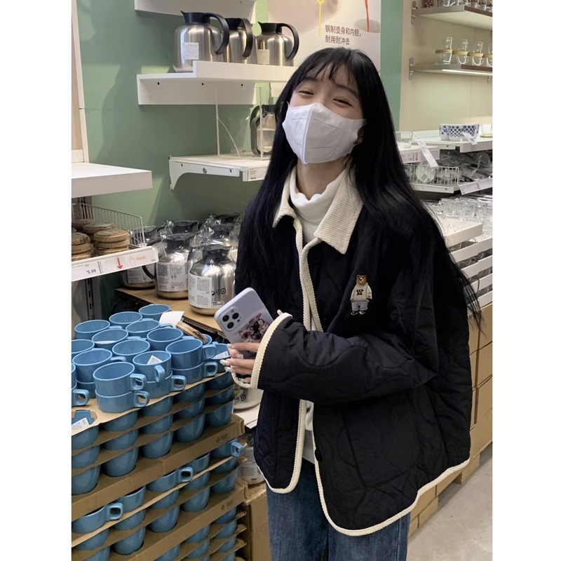 大码胖mm撞色拼接小熊刺绣棉服