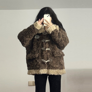 学生加厚羊角扣棉袄棉服女 胖mm大码 女装 韩版 复古羊羔毛外套女冬季