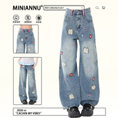 女装 胖mm个性 ins趣味刺绣牛仔裤 大码 女小个子宽松显瘦阔腿长裤 子