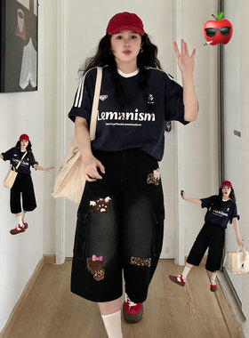 大码女装黑色百搭阔腿牛仔短裤女胖mm学院风卡通猫咪刺绣七分裤子