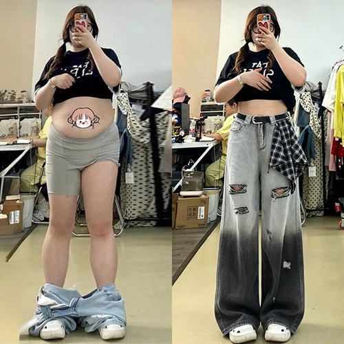 特大码女装梨型身材显瘦牛仔裤女