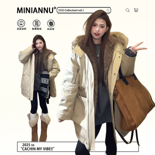 宽松中长款 派克棉服女美式 加厚毛领外套 高级感工装 300斤胖mm大码