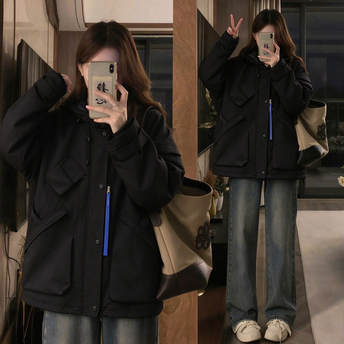 大码女装美式工装风黑色加厚棉服女秋冬胖mm休闲百搭宽松冲锋外套