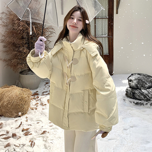 特大码胖mm黄色牛角扣棉服上衣女冬季学生加厚保暖慵懒风立领外套