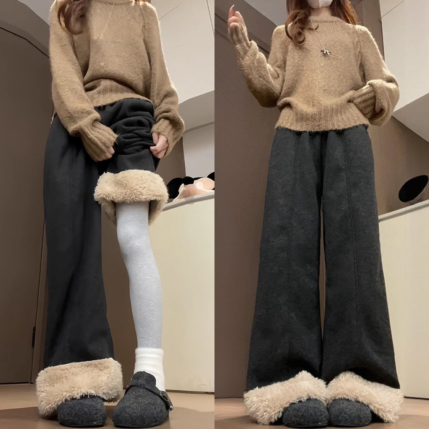 特大码胖mm加厚保暖羊羔绒阔腿裤女2025新款小个子显瘦遮肉休闲裤,女装/女士精品,大码裤装,淘宝优惠券,粉丝福利购,淘宝优惠卷