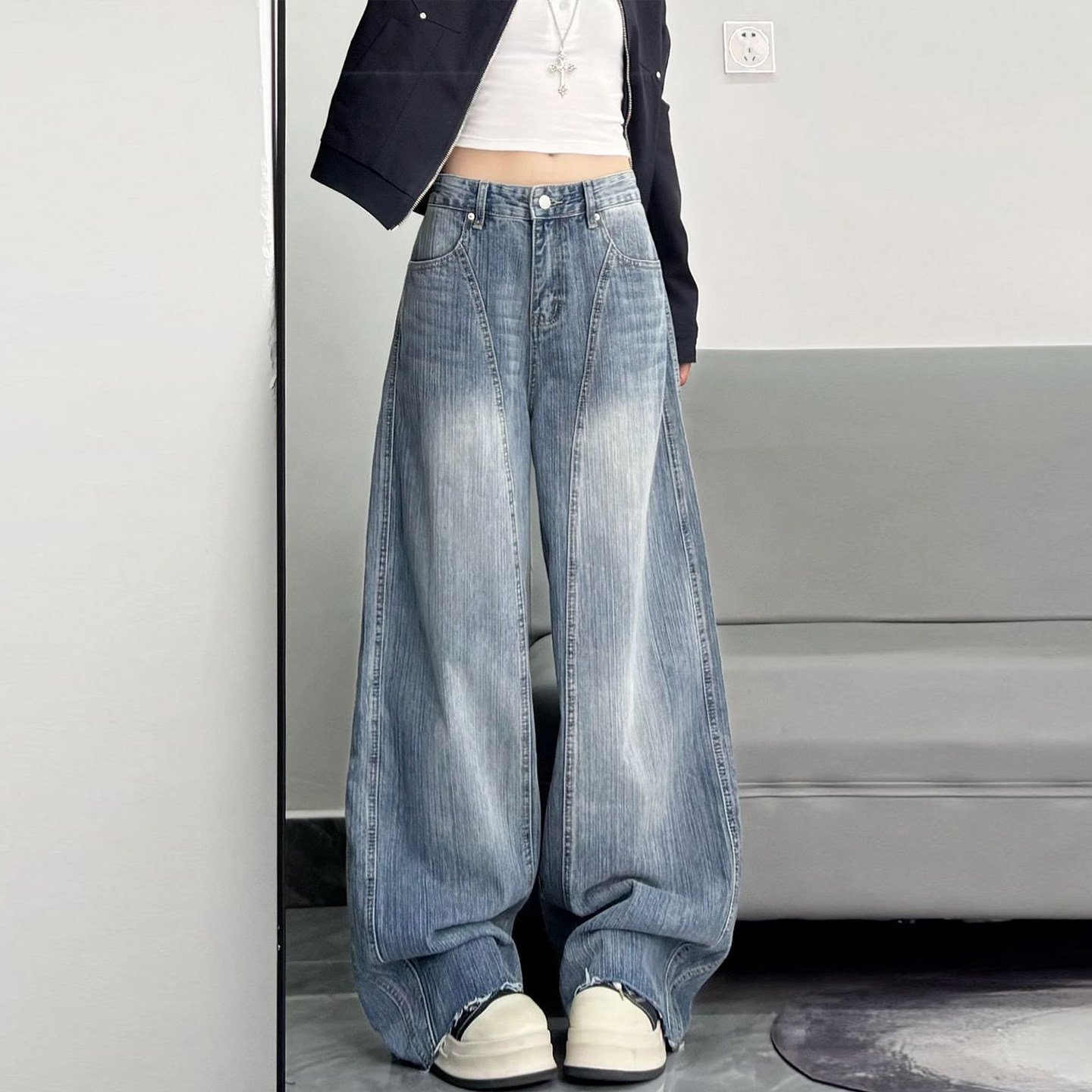 300斤大码女装韩版学生蓝色牛仔裤女胖mm慵懒风显瘦弯刀阔腿裤子,女装/女士精品,大码裤装,淘宝优惠券,粉丝福利购,淘宝优惠卷