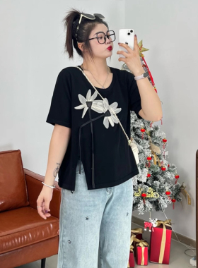 300斤大码女装黑色设计感开叉短袖T恤女夏季胖mm显瘦宽松打底上衣