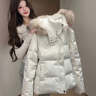 连帽白色棉服女2025冬季 胖mm韩版 加厚显瘦小个子毛领外套 女装 大码