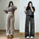 女装 胖mm复古高街vibe迷彩工装 牛仔裤 大码 女高腰宽松垂感阔腿裤 子