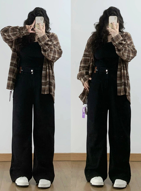 大码女装胖mm黑色直筒牛仔裤女秋冬新款裤子宽松显瘦百搭加绒女裤