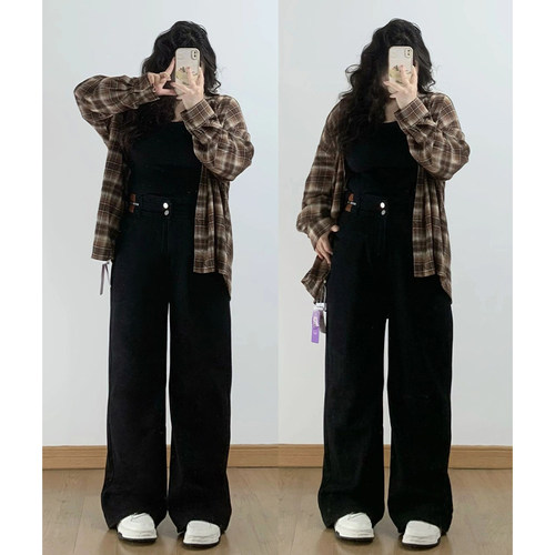 特大码韩系ins高街黑色直筒长裤