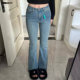 女装 蓝色高腰弹力微喇牛仔裤 女胖mm韩版 大码 复古ins毛边喇叭裤 子