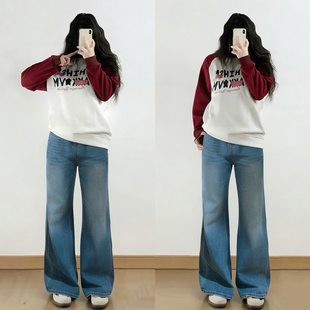 型超好看 蓝色版 牛仔裤 女胖mm不贴腿梨形报恩裤 子 大码 微喇裤 女装